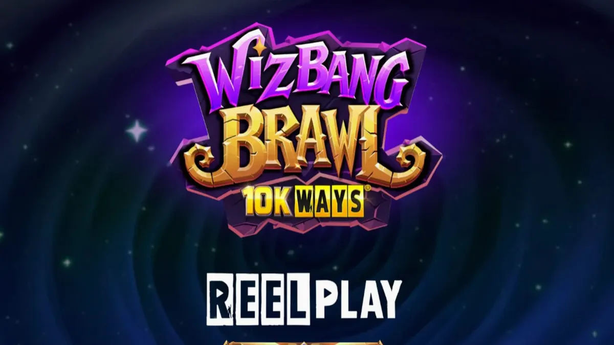 Wizbang Brawl 10K Ways slot game interface featuring magical wizard characters