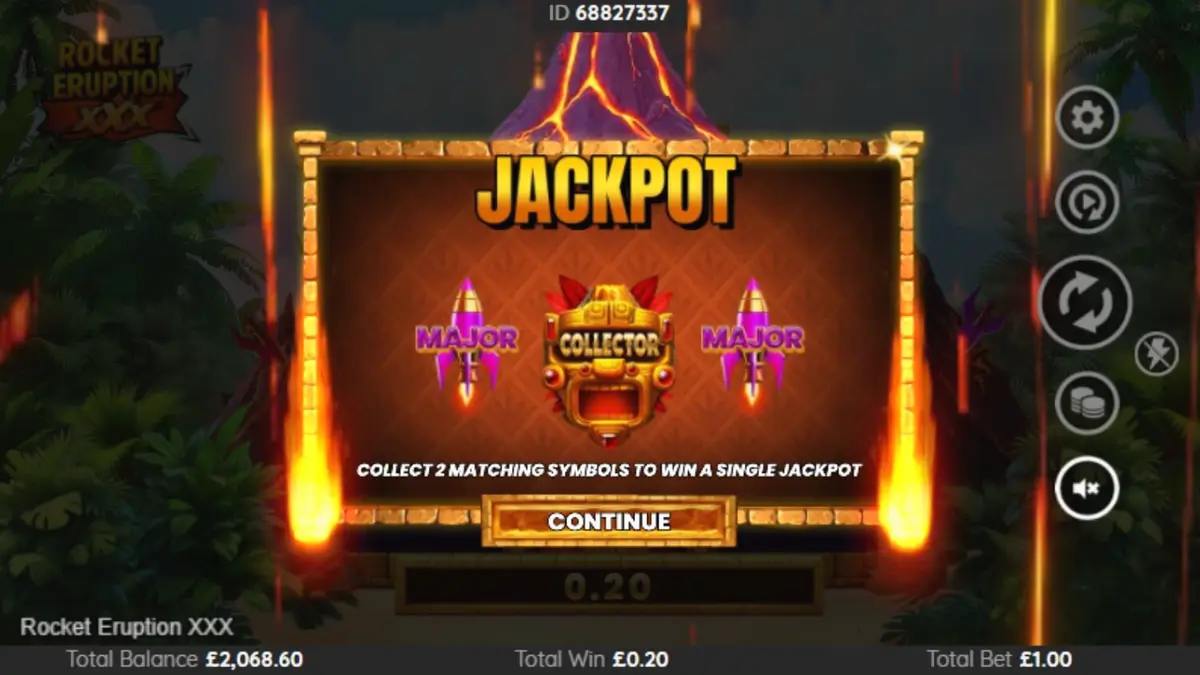 Tampilan visual slot Rocket Eruption XXX dengan tema gunung berapi dan simbol retro neon