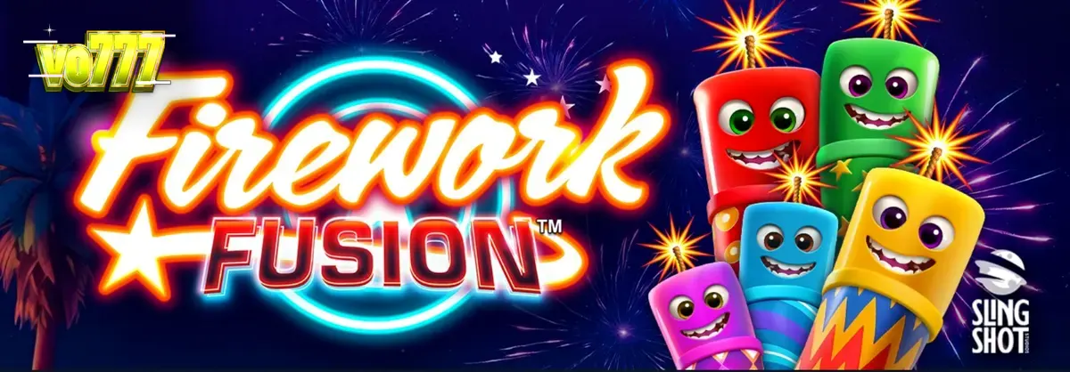 Tampilan visual slot Firework Fusion dengan tema karnaval pantai dan kembang api.